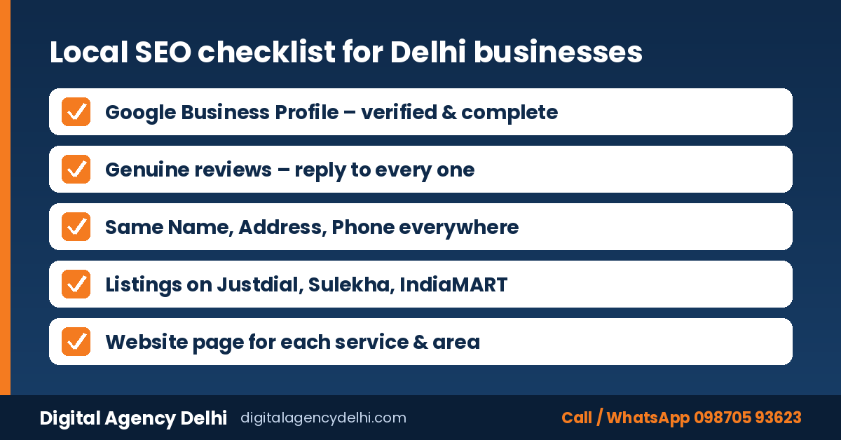 Local SEO checklist for small businesses in Delhi: profile, reviews, NAP, listings, local pages